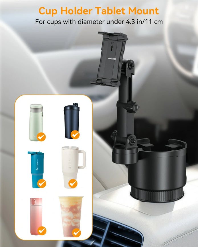 Adjustable car cup holder adapter fitting a large Stanley tumbler with handle and oversized coffee mugs securely in the center console.