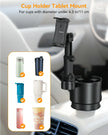 Adjustable car cup holder adapter fitting a large Stanley tumbler with handle and oversized coffee mugs securely in the center console.