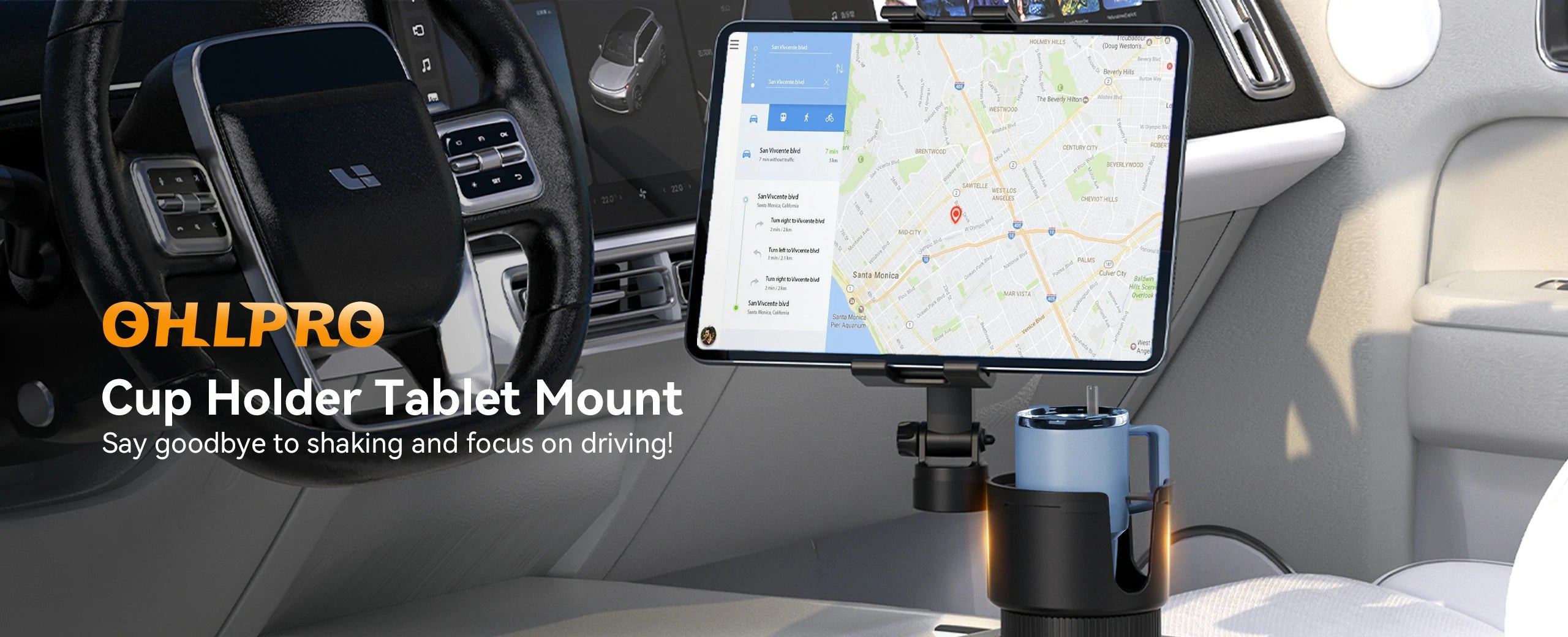 OHLPRO extended 28cm mechanical arm tablet holder positioning the device safely below the dashboard line
