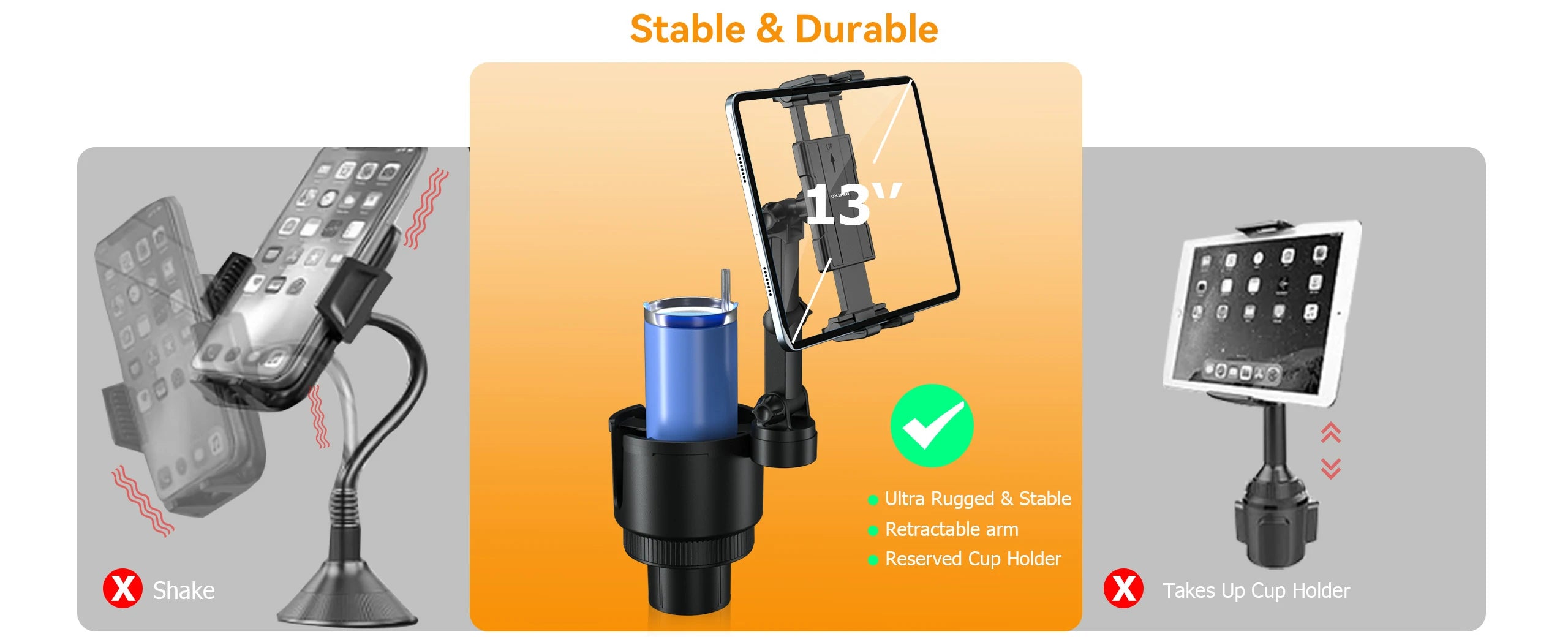 OHLPRO shockproof and anti-vibration car tablet stand with rigid ABS construction to prevent device sagging
