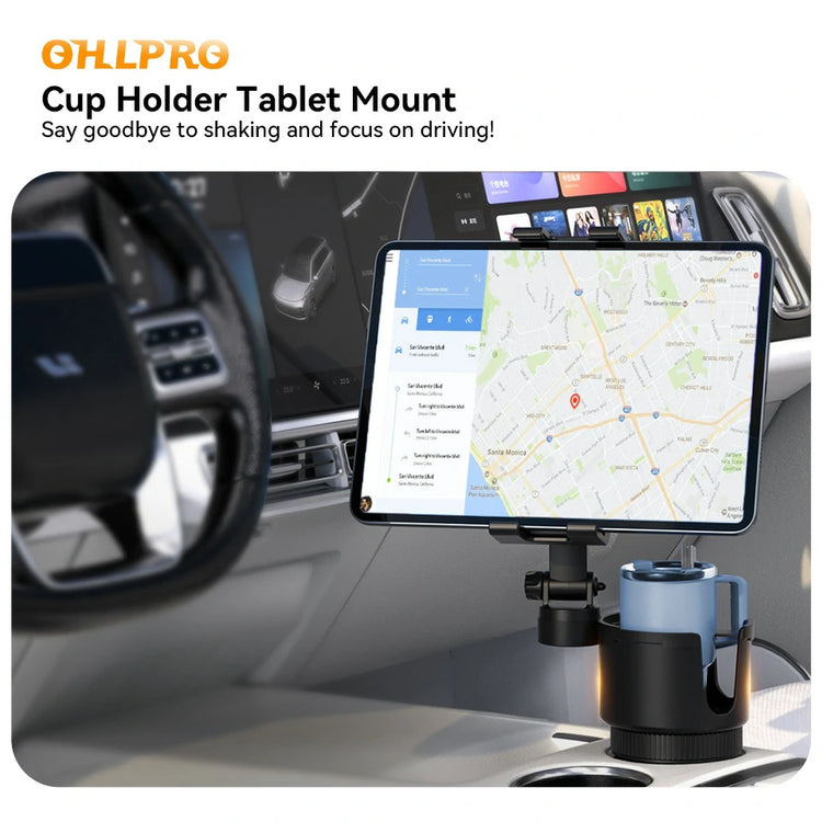 OHLPRO extended 28cm mechanical arm tablet holder positioning the device safely below the dashboard line