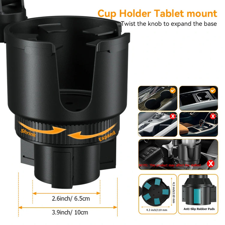 OHLPRO universal cup holder tablet mount fitting 99% of round vehicle cup holders in cars, SUVs, and trucks.