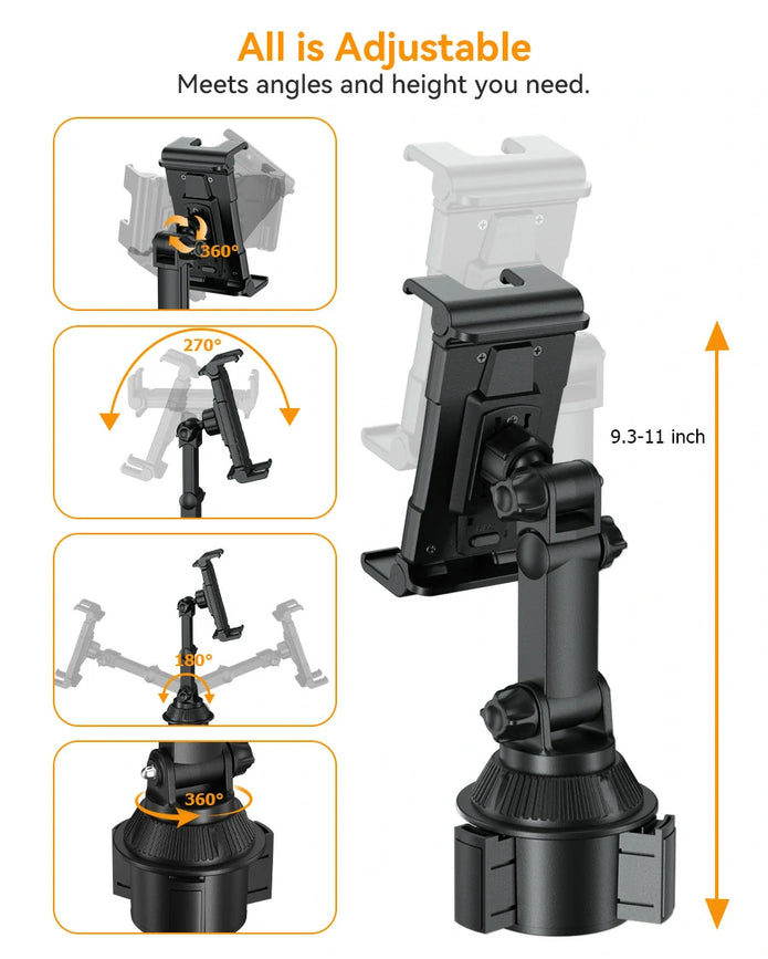 OHLPRO car cup holder tablet mount technical specifications showing 28cm arm length and 6.5-10cm expandable base.