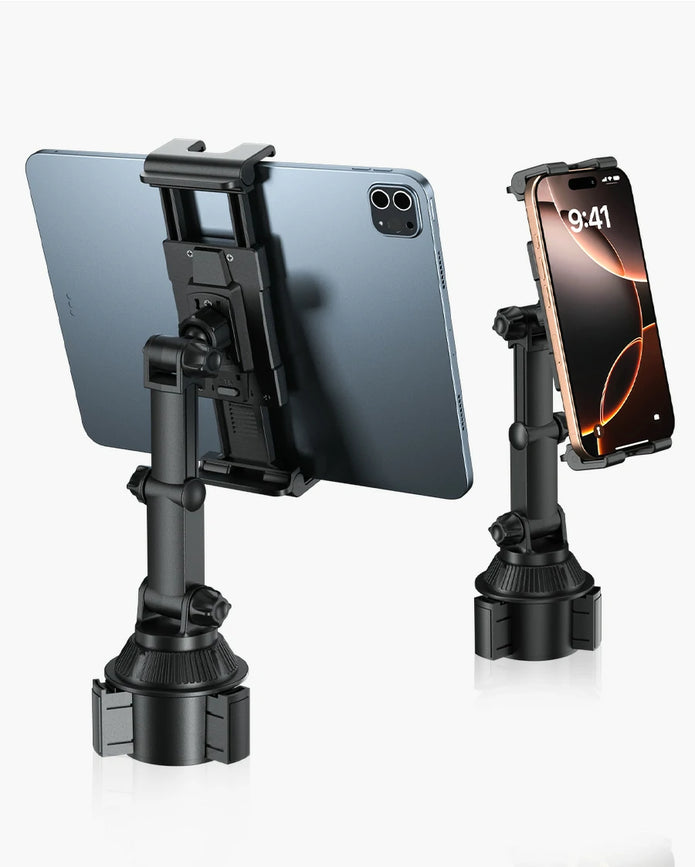 OHLPRO car cup holder tablet mount technical specifications showing 28cm arm length and 6.5-10cm expandable base.