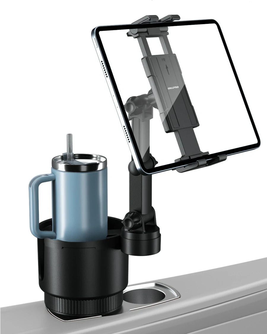 2-in-1 cup holder car tablet holder showing an iPad and an iPhone mounted on the adjustable arm next to a light blue insulated travel tumbler with a handle.