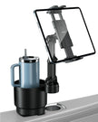 2-in-1 cup holder car tablet holder showing an iPad and an iPhone mounted on the adjustable arm next to a light blue insulated travel tumbler with a handle.