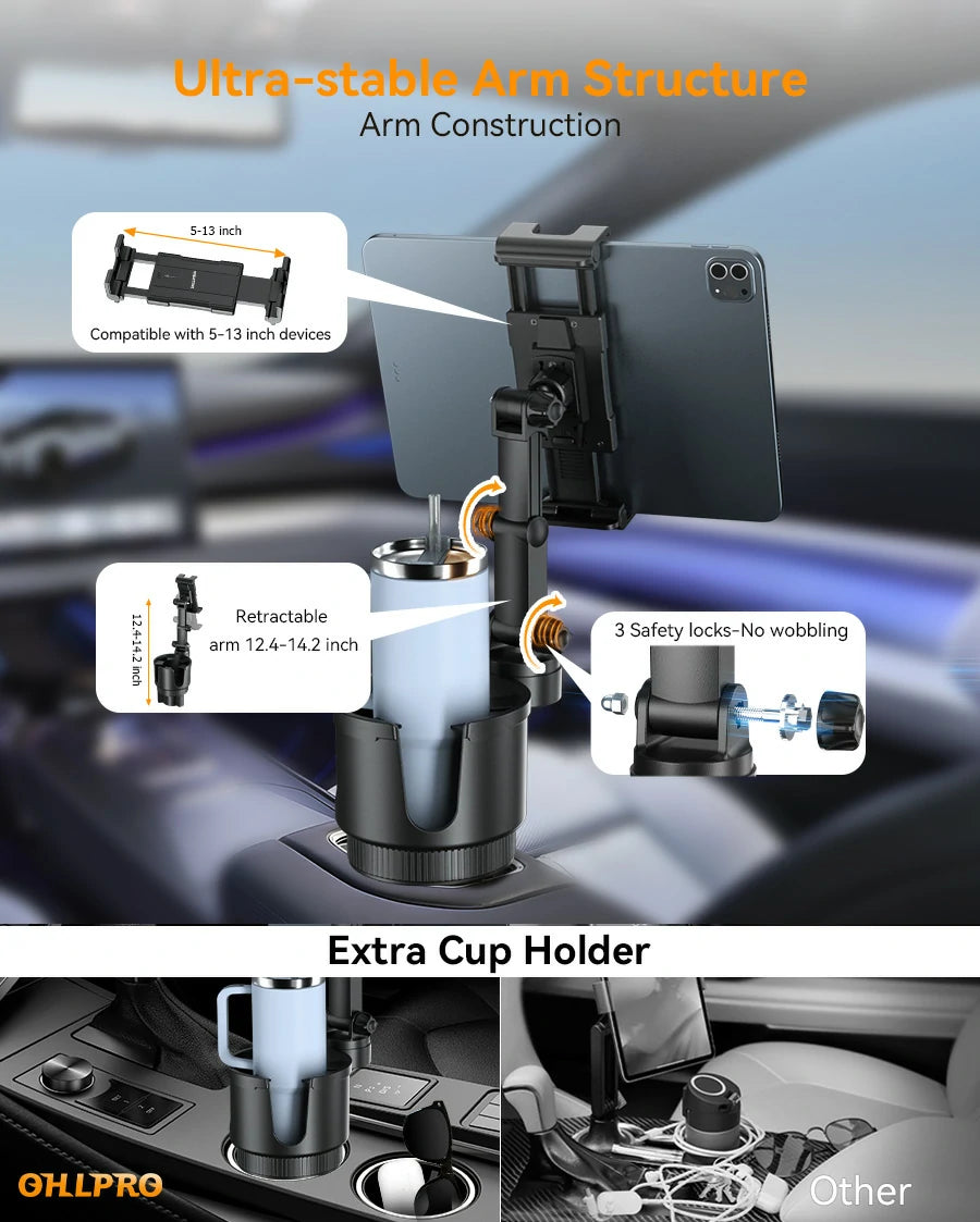 Car tablet mount dimensions showing the 11cm cup holder diameter, 28cm extendable arm, and adjustable 6.5 to 10cm base.
