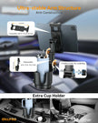 Car tablet mount dimensions showing the 11cm cup holder diameter, 28cm extendable arm, and adjustable 6.5 to 10cm base.