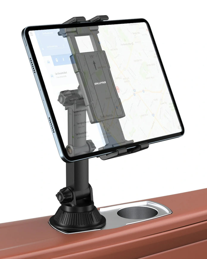 OHLPRO heavy duty cup holder car tablet holder with extendable arm mounting an iPad in the center console
