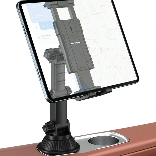 OHLPRO heavy duty cup holder car tablet holder with extendable arm mounting an iPad in the center console