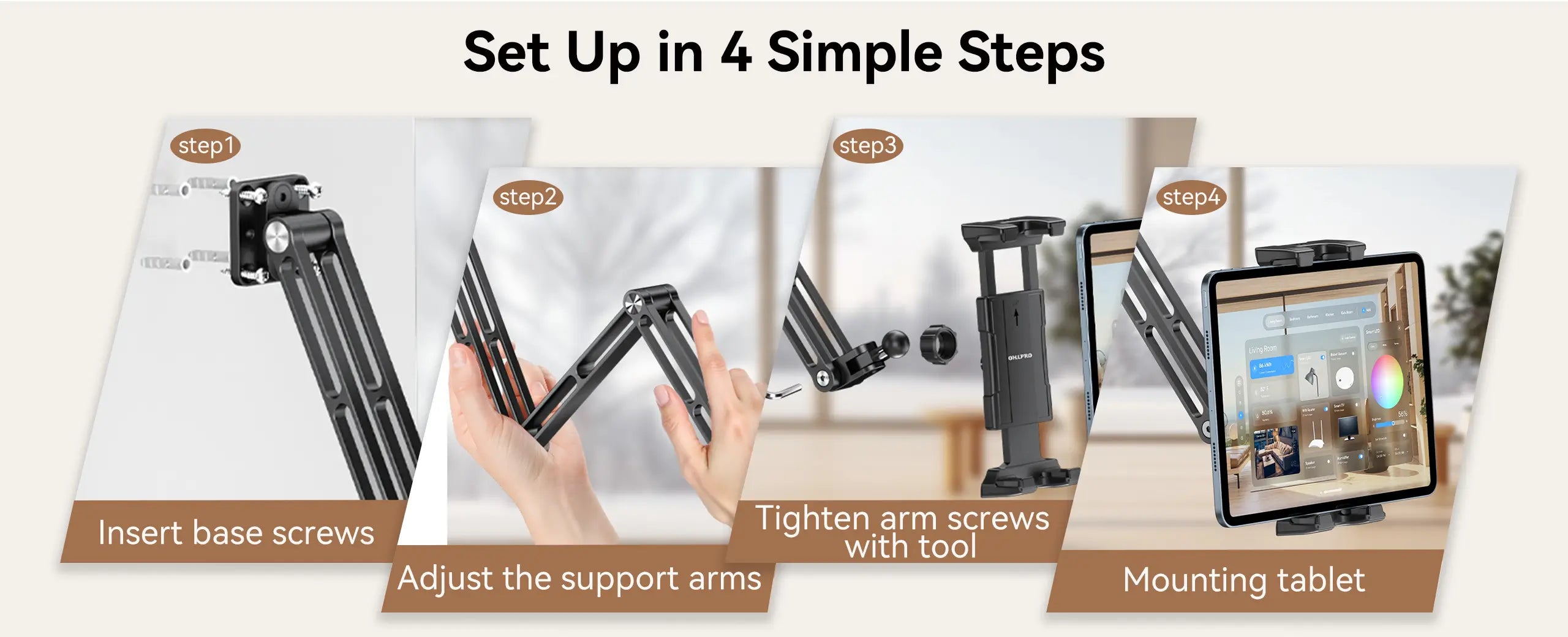 Easy 4-step installation of OHLPRO durable tablet holder wall mount