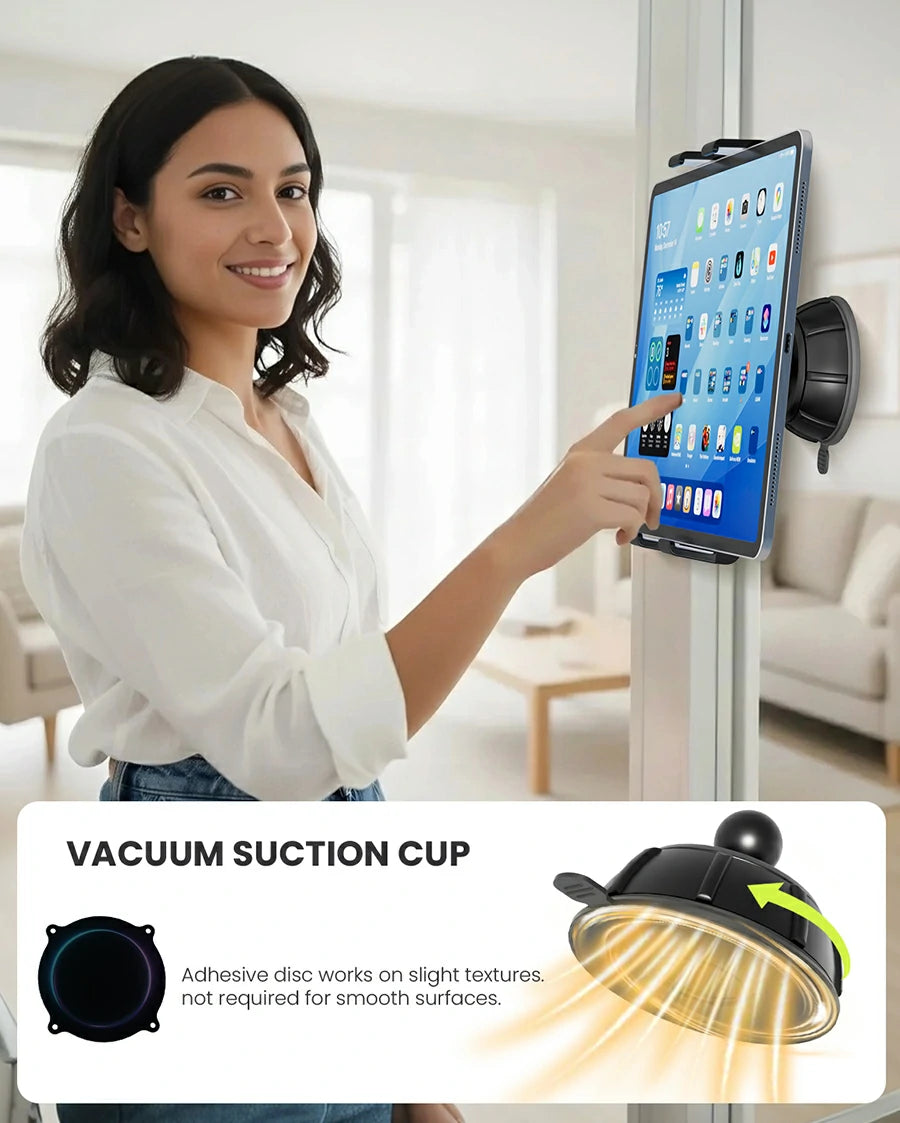 ohlpro tablet wall mount with vaccum suction cup base need adhesive disc works on slight textures,not required for smooth surfaces