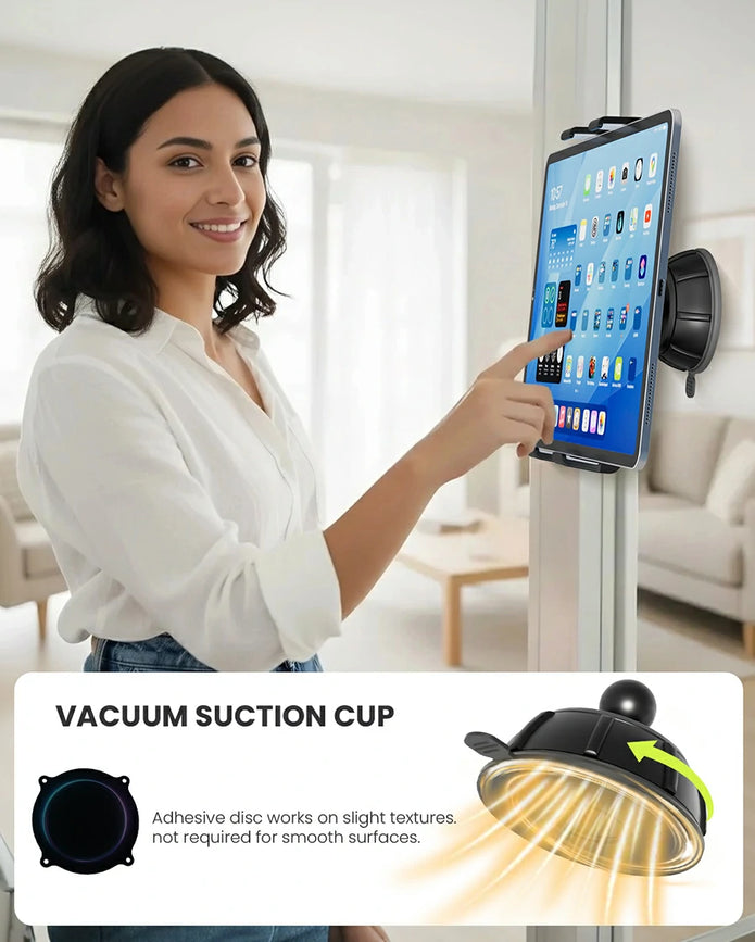ohlpro tablet wall mount with vaccum suction cup base need adhesive disc works on slight textures,not required for smooth surfaces