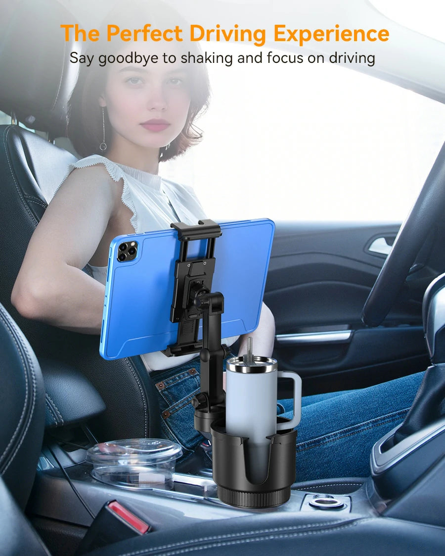 2-in-1 tablet and cup holder mount installed in a truck center console for hands-free GPS navigation and safe driving.