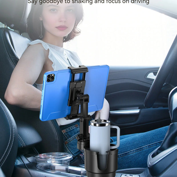 2-in-1 tablet and cup holder mount installed in a truck center console for hands-free GPS navigation and safe driving.