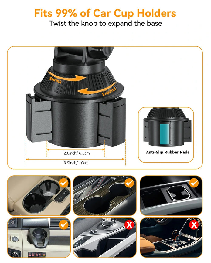 OHLPRO twist-to-lock expandable car cup holder base featuring three non-slip shockproof silicone pads