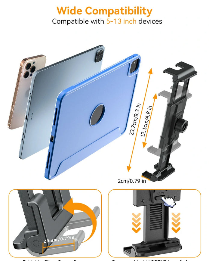 Car tablet mount dimensions showing the 11cm cup holder diameter, 28cm extendable arm, and adjustable 6.5 to 10cm base.