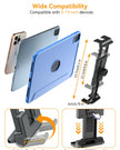 Car tablet mount dimensions showing the 11cm cup holder diameter, 28cm extendable arm, and adjustable 6.5 to 10cm base.