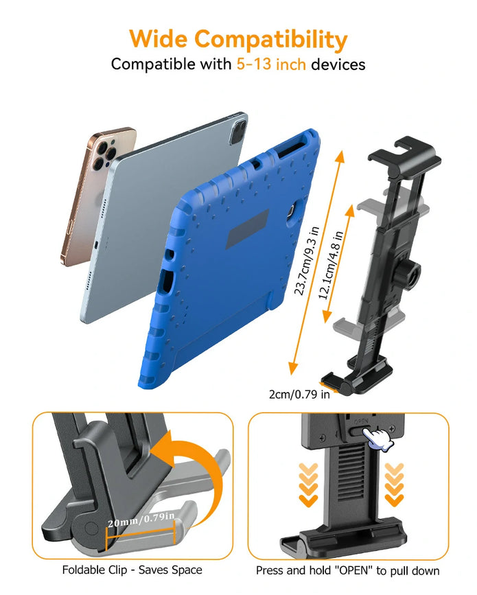 OHLPRO universal scratch-resistant silicone clamp holding a 12.9 inch tablet with open charging port access.