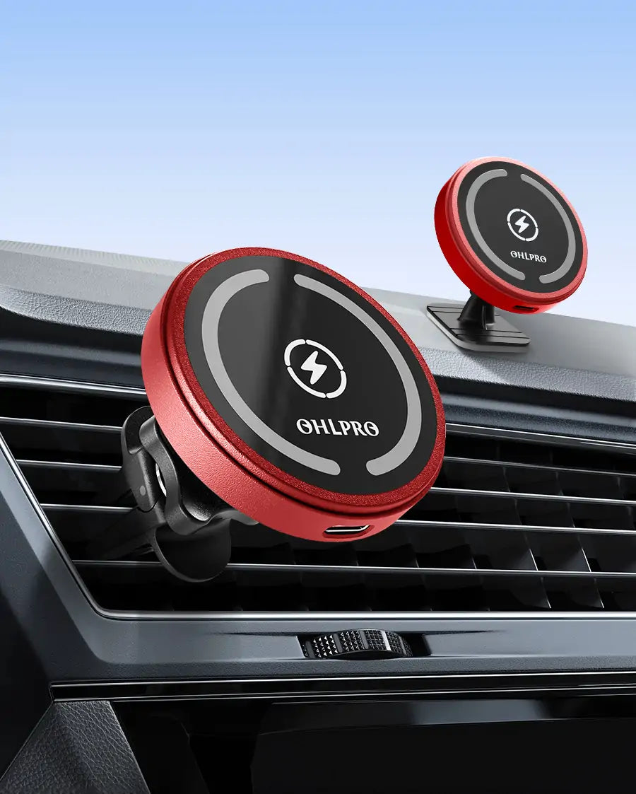 15W MagSafe red wireless car charger with powerful magnetic mount and 360° adjustable viewing angle