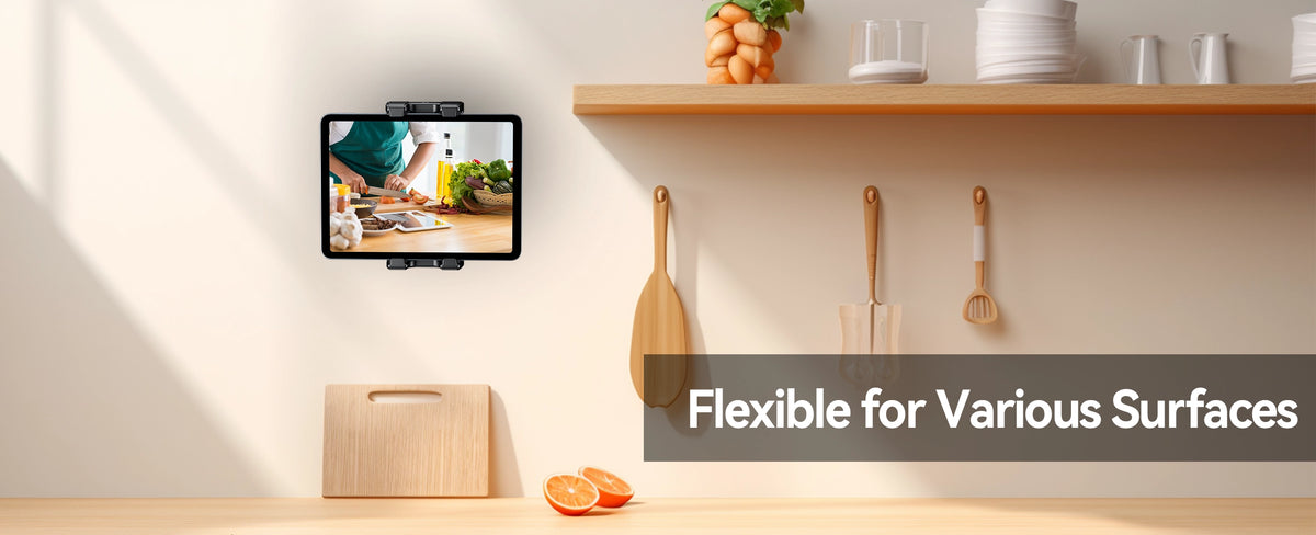 Scene: OHLPRO Wall tablet mount used in kitchen for recipe viewing