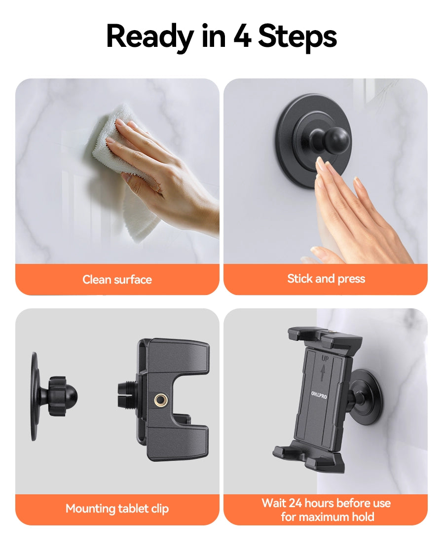Step-by-step installation process for the sticky tablet holder