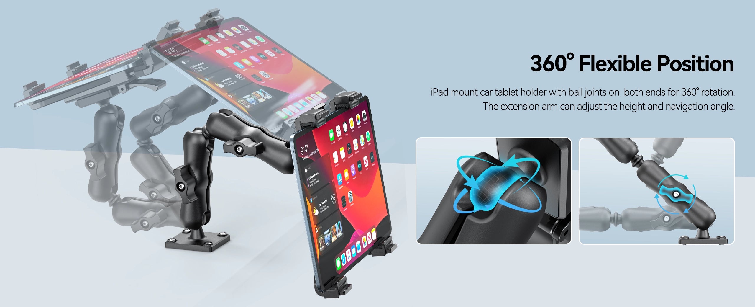 OHLPRO 360° rotation tablet clamp and 180° rotating arm for optimal viewing angles