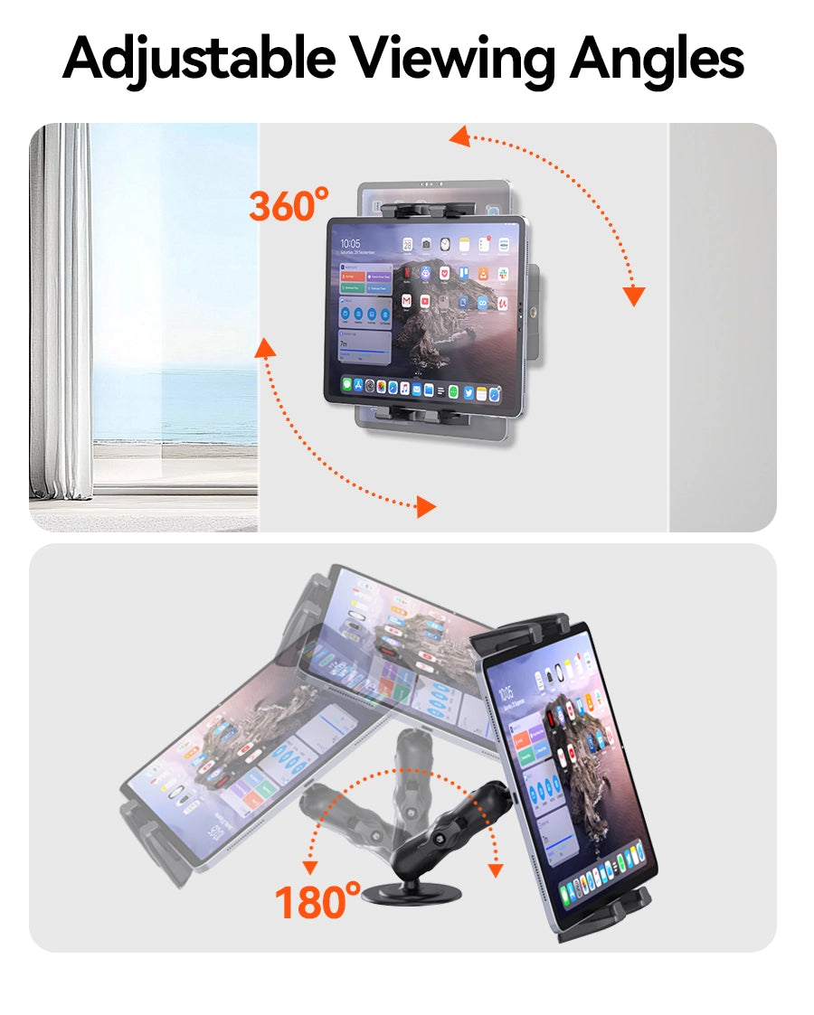 Adjustable 360° tablet clamp and 180° arm rotation for optimal viewing angle
