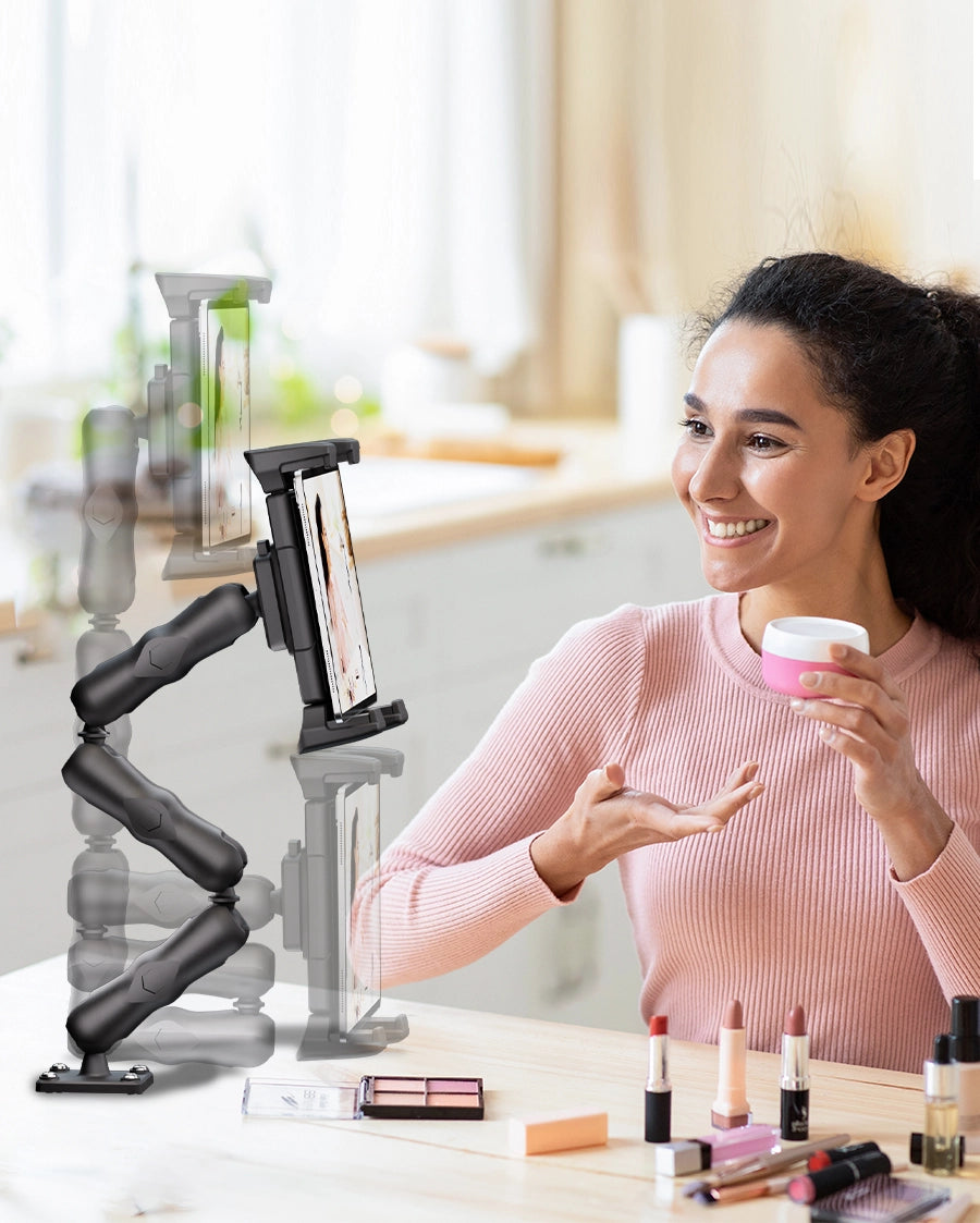 Drill base tablet holder installed on desk for live streaming or work use