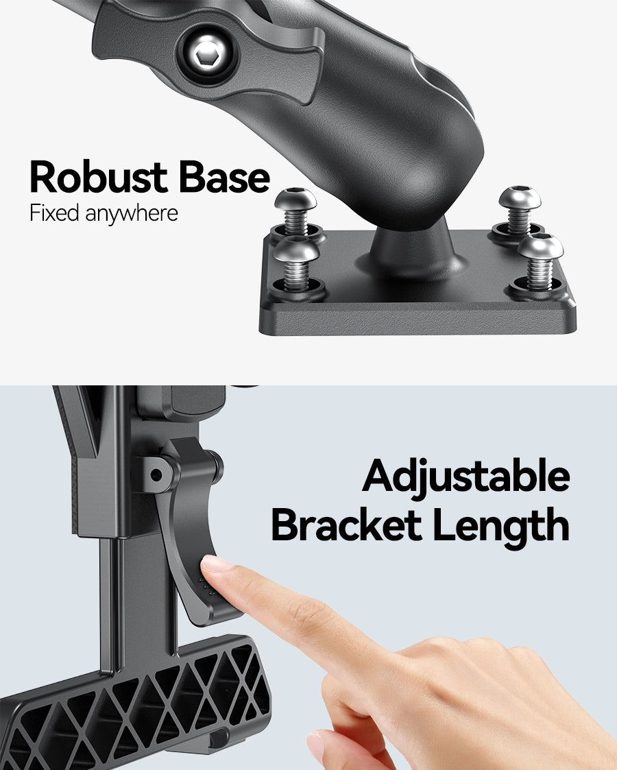 OHLPRO Close-up view of the tablet holder with a drill base mount, ensuring a secure and stable installation on smooth surfaces like glass, mirrors, and tiles