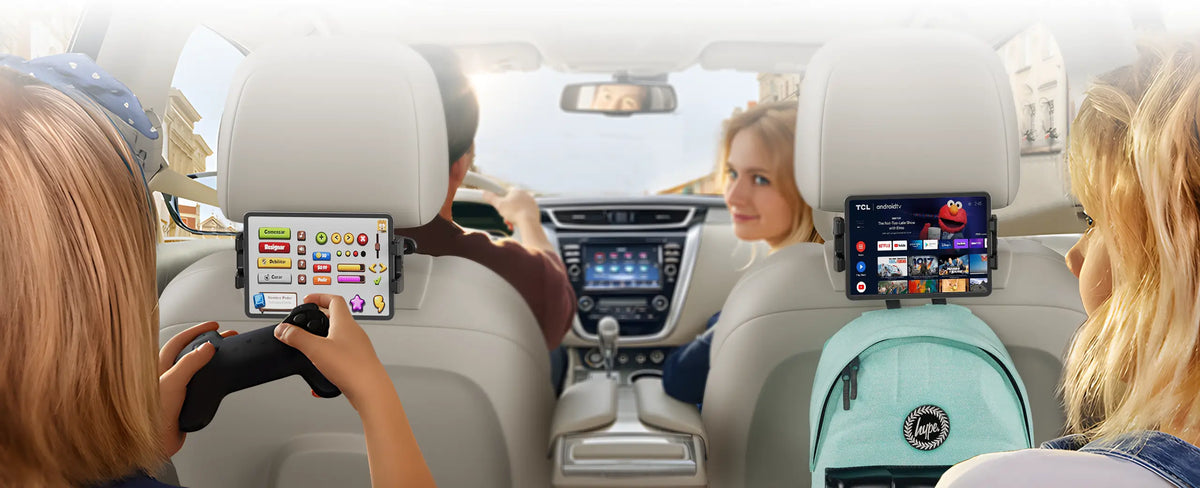 Kids enjoying games on the OHLPRO tablet holder during road trips