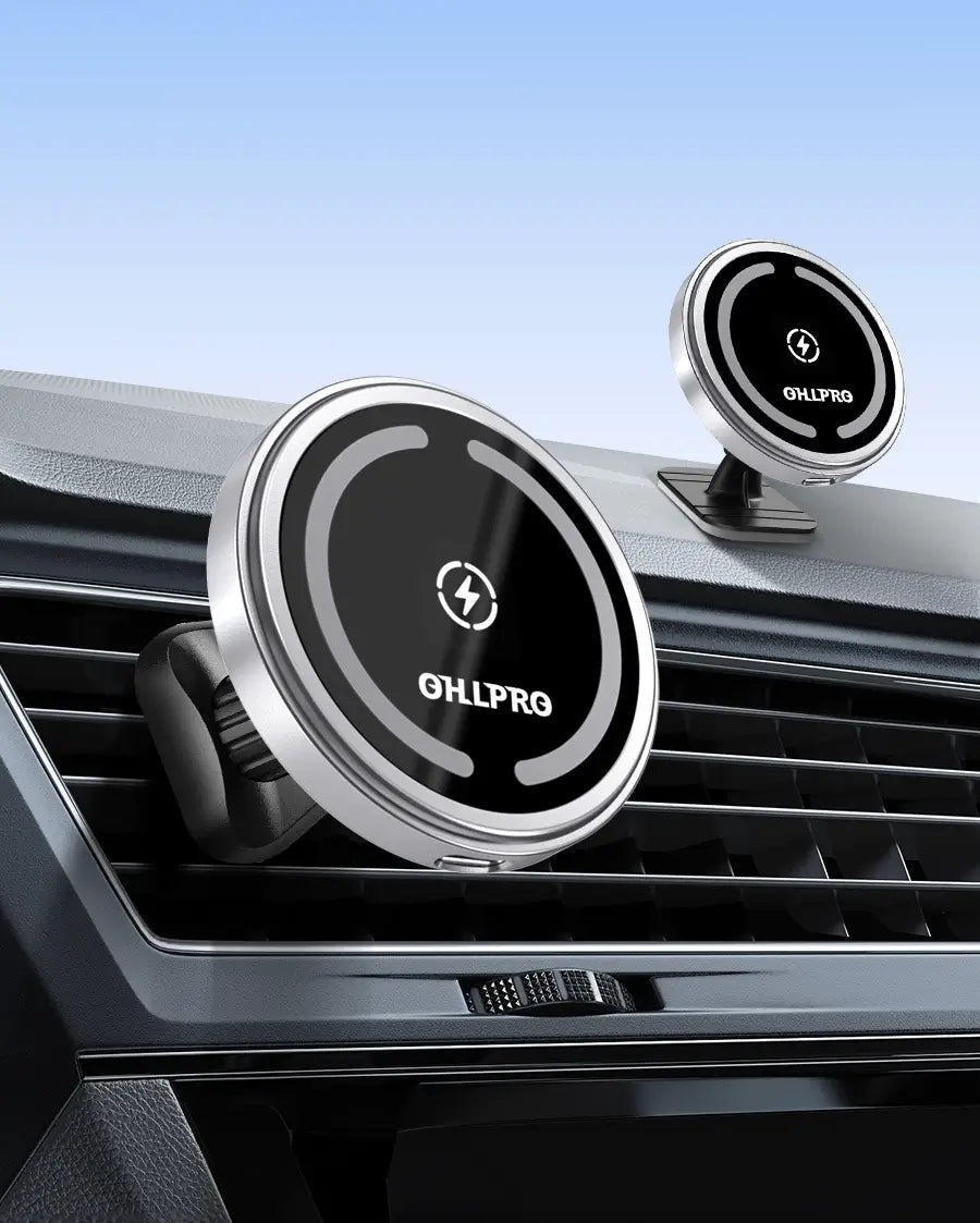 Silver wirless magnetic charger in car air vents and dashboard