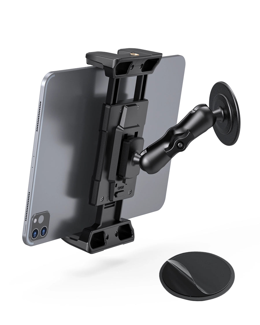 Sticky tablet holder with adjustable 4.7” support arm for extra stability